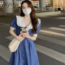 vsyoy 2022 년 여름 새로운 대형 통통 소녀 달콤한 쿨 스타일 인형 목걸이 우아한 드레스 타이트 허리 슬리밍 스티칭 데님 드레스