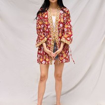 보헤미안 숏 로브 오리엔탈레드 인도 핸드블럭프린팅 오이쇼 대체 샤워가운 요가 비치 커버업 라운지웨어 여름 로브가디건, 오리엔탈 레드