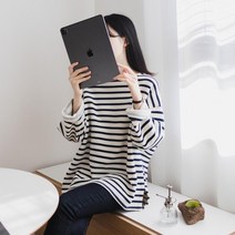 [다잇템] 여자 롱슬리브 박스핏 줄무늬 슬릿 티셔츠