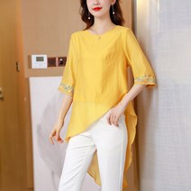 빅사이즈 엄마 셔츠 에스닉 라운드넥 자수 블라우스