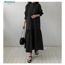 런메시Runmecy 빅사이즈 린넨 원피스 봄 가을 단색 롱 원피스