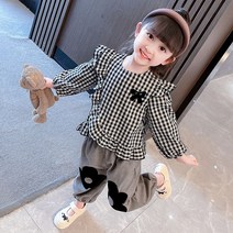 키즈송이 여아 상하복 세트 봄 가을 긴팔 첵크무늬 상하바지 2종 세트 어린이 상하복 2종 세트