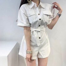 [레티고] 반팔 카라 포켓 버튼 점프수트