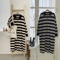 루즈핏 스트라이프 카라넥 봄가을 롱 니트원피스 DO