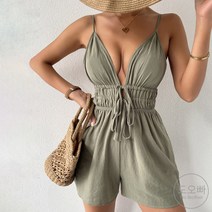 도오빠 여성 민소매 점프수트 셔링 숏 반바지 뒷트임 심플 여름 휴양지 비치 해변 여자점프수트
