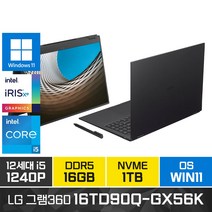 LG전자 2022년형 그램360 16TD90Q-GX56K 16인치 터치화면 2in1 윈도우11 기업 인강 대학생 추천 노트북, WIN11 Pro, 16GB, 1TB, 코어i5, 블랙