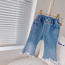 *미언지유네* 여아용 밑단 꽃레이스 데님 부츠컷 나팔바지 청바지