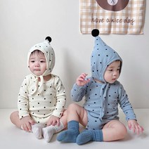 [당일발송] 신생아 아기 베이비 봄 여름 골지 도트 바디슈트 보넷 모자 세트