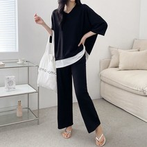 여성 편한 라운지 홈웨어 실내복 브이넥 레이어드 바지 투피스 세트