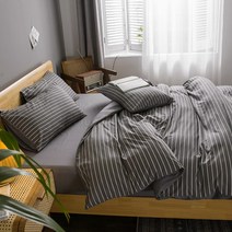 (침구 커버 세트)심플 북유럽 다크 그레이 스트라이프 체크이불 커버 커버 침대 삿갓 침구 4종 세트 침대 시트 3종세트이불 커버+베개커버
