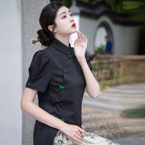 새로운 중국 스타일 반팔 중국 스타일 버클 탑 허리 슬리밍 Overskirt 투피스 세트