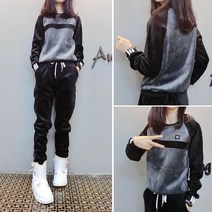 가을 겨울 여성 벨벳 캐주얼 트레이닝복 맨투맨 기모 바지 두꺼운 투피스