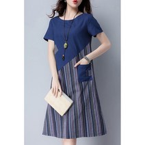 [앙꼬마켓] 여성 여름 배색 스트라이프 린넨 반팔 면 원피스 _ 2108EA