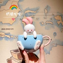 스타 벅스 2020 중추 신제품 블루 귀여운 토끼 모양의 차 누출 양각 토끼 발 세라믹 커피 잔, 토끼 엠보싱 머그 270ml