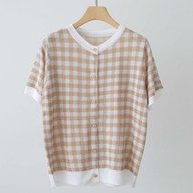 제니트 여성 기본핏 라운드넥 체크 패턴 반팔 니트 가디건 여름 랑트체크CD