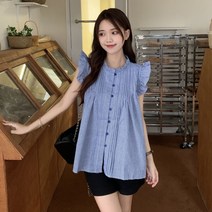 하이넥 프릴 코튼 면 체크 민소매 보세 반팔 여름 블라우스 샤랄라 A라인 카라없는 SY