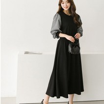 그린섬 맨투맨 허리밴딩 a라인 체크 시보리 롱 원피스 긴팔 데일리 편안한 국산