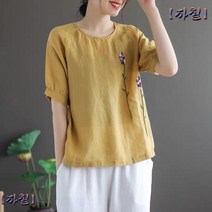 빈티지 레트로 플라워 자수 면마 빅사이즈 여성복 라운드 반팔 상의 티셔츠 페미닌