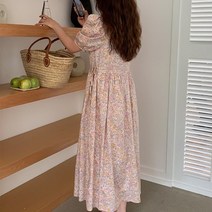 바보사랑 겟잇미 도아 허리스트랩 플라워 퍼프소매 롱원피스 .겟잇미