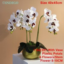 화병 도자기 유리 돌 흰색 나방 난초 DIY 꽃꽂이 (5PCS 4PCS 이끼 잎 + 냄비) 나비 꽃 장식 중심 인디고, 14 1 SET DIY