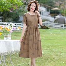 Ogfaour패션 엄마 여름 반팔 원피스 40대 50대 여성 배 가리개 스커트 중장년 여성 서양풍 롱스커트B202105