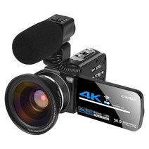 5600만 화소 고화질 4K 디지털 비디오 카메라 캠코더, 블랙  마이크  4K 광각 렌즈 패키지 2개