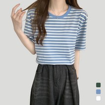 앤틱소 여성 단가라 스트라이프 반팔티 루즈핏 스판 반팔티셔츠