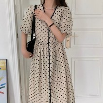 잇츠스타일 라인 배색 여성 땡땡이 도트 브이넥 퍼프 롱 원피스