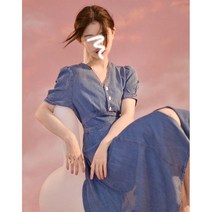 데님원피스 하객룩 청 퍼프 소매 슬릿 트임 원피스 레트로 코디