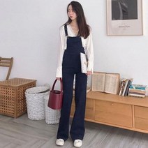 여름 데님 멜빵 청바지 컬러 코코 하이웨이스트 와이드 팬츠 여 슬림 라하 블랙