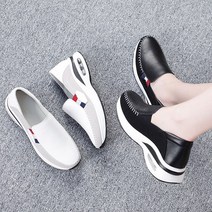 프리티슈 발편한 여성 스티치 가죽 콤비 키높이 에어굽 슬립온 스니커즈 4cm
