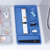필기구트레이 책상용 필기구정리함 문구트레이 인주 도장꽂이 포스트잇 볼펜, 중-블루