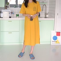 데일리앤 와일드 루즈핏 반팔 레터링 캐쥬얼 면 롱원피스 홈드레스