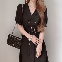 우아글로벌 반팔 여름 트렌치원피스 더블버튼 벨티드 퍼프소매 여성 하객룩 데이트룩