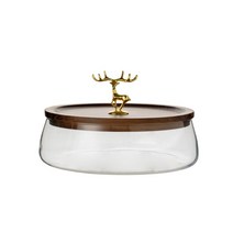 GHSHOP 나무 접시 장식이있는 현대 유리 그릇 스낵 컨테이너 과일 트레이 너트 말린 보관 상자 가정용 나무 커버 쿠키, C