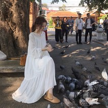 여성 긴팔 롱원피스 쉬폰 원피스 하객룩 바캉스룩 결혼식 프릴 스퀘어넥 브이넥 라운드넥 루즈핏