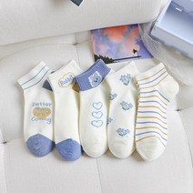 워더미 여성용 봄여름 퍼플 토끼 큐티 일러스트 단목 5P 양말 W761