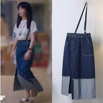 데님 멜빵치마 가족 지 이름 담 송운 리첨첨 같은스타일 의류 끈나시 슬립 화이트 티셔츠상의 여성 2196024194, 국방색 S