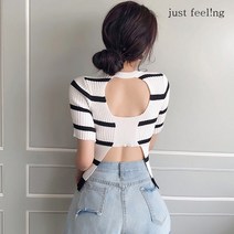 just feel!ng 여성 여름 슬림핏 이너웨어 반팔 스트라이프 니트 티셔츠 쇼트 뒤트임 데일리 이너티