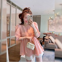 WGL 여름 임부복 반팔 셔츠 퍼프 소매 셔링 간편 리본 볼륨 상옷 화이트 반바지 투피스