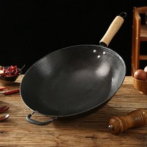 인덕션용 무쇠 후라이팬 가스렌지 공용 무쇠 짬뽕 치킨 찜 팬 웍 전통 중화 냄비, 32CM 평평한 바닥(뚜껑 포함)