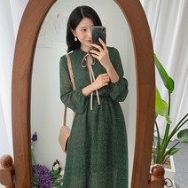 페르소나 도트 리본끈 쉬폰 플레어 롱원피스 (green)