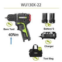 worx wu130x 40nm 전문 전동 공구 12v brushless motor 무선 전기 드라이버(배터리 및 충전기 포함), wu130x-22