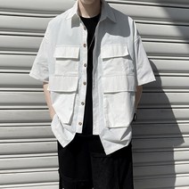 Baiwife 얇은 멀티 포켓 셔츠 남 반팔 캐주얼 루즈핏