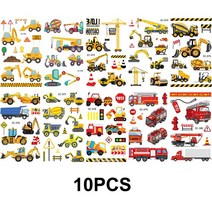 만화 농장 테마 건설 차량 임시 문신 굴삭기 스티커 트랙터 소방차 소년 생일 파티 선물, 08 10PCS