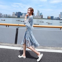 셀리나 블루 플라워 백리본 슬리브리스 롱 원피스 쉬폰 플레어 나팔소매 퍼프 휴양지 드레스