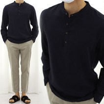 남자 롤업 린넨 셔츠 여름 헨리넥 차이나 티셔츠