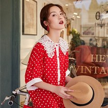 여성 레드 도트 레이스넥 레트로 미니 원피스 휴가룩