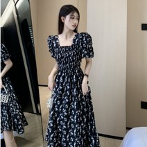 소랜디 휴양지원피스 스퀘어넥 퍼프소매 허리셔링 플라워 스커트