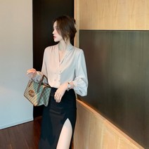 에프터블라우스 프렌치 여성 봄가을 디자인감각 보이핏 볼륨 여신 무드 브이넥 긴 소매 실크 와이셔츠 2274883880